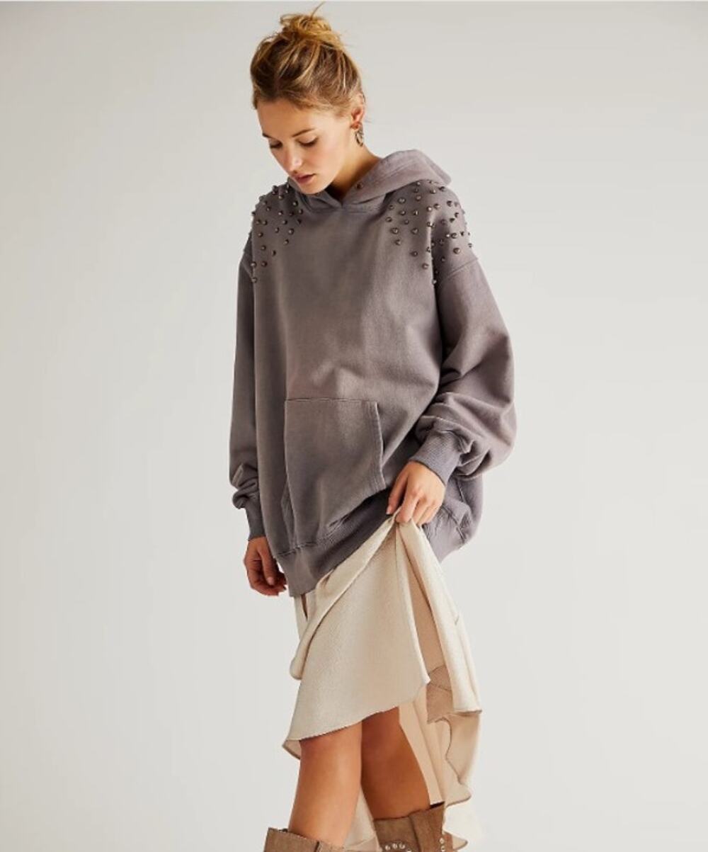 Free People We the Free Lonely Heart Hoodie Studs Shoulders Grey Purple S